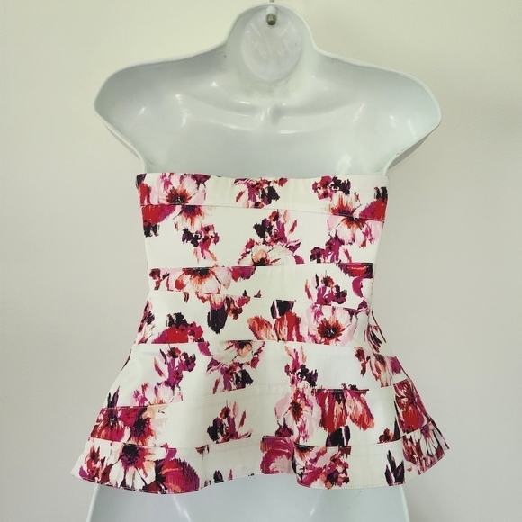 White House Black Market Pink and Red Cottage Floral Print Pleated Corset Sz 4 - Picture 6 of 12